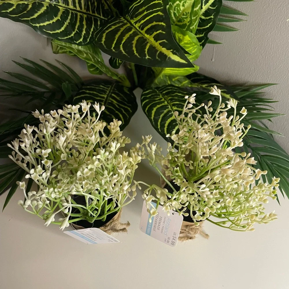 Faux Floral arrangements, Small white flower bouquets with rope bow, Set of 2
